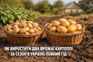 Два врожаї картоплі в Україні: кошики з сортами Рів'єра і Імпала на городі восени