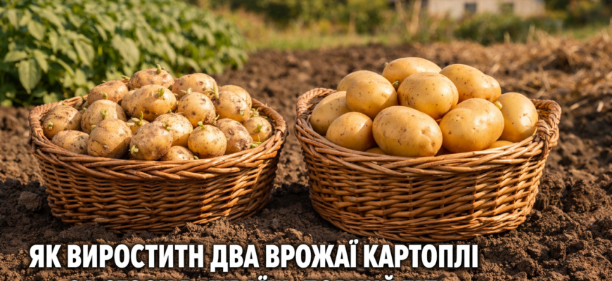 Два врожаї картоплі в Україні: кошики з сортами Рів'єра і Імпала на городі восени